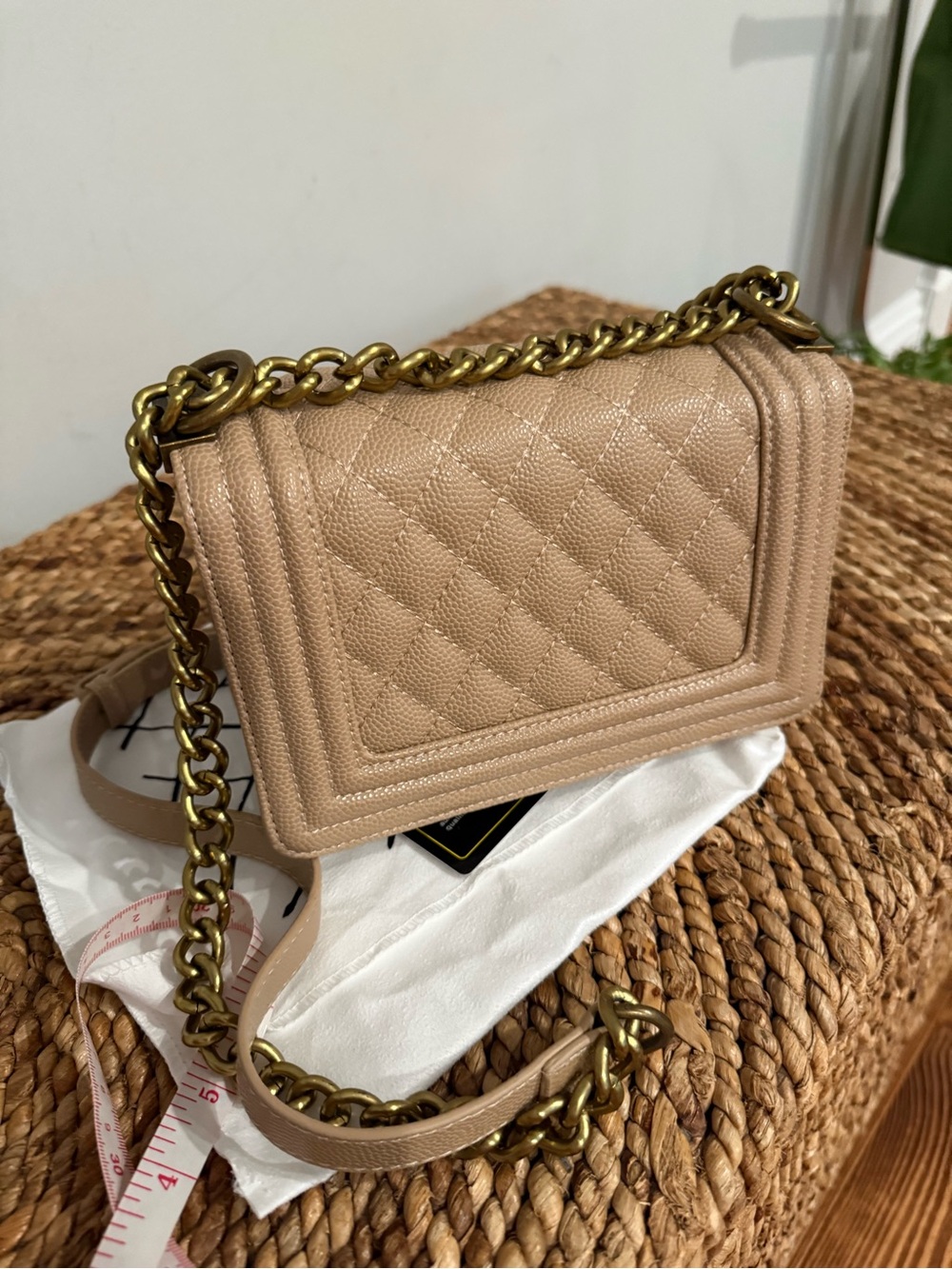 Beige Quilted Leather Boy Shoulder Bag with Gold Chain - Picture 3 of 10